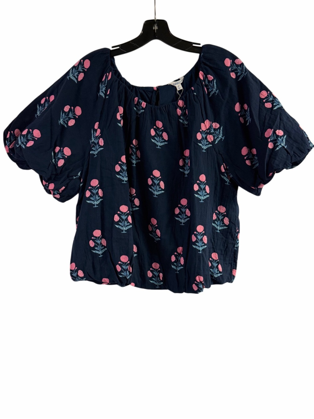NWT Johnnie-O Navy & Pink Floral Puff Sleeve Bubble Hem Keyhole Top Size M